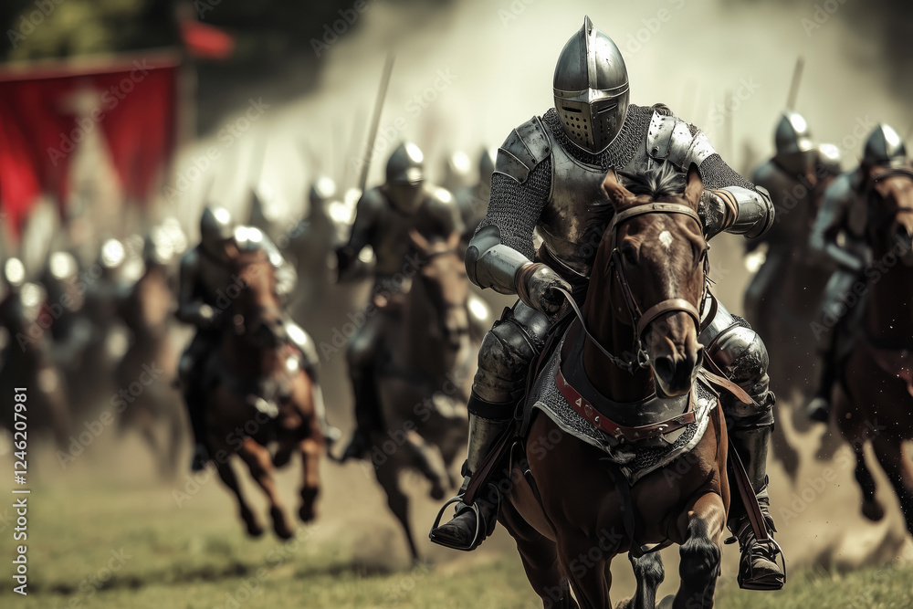 Fototapeta premium Group of medieval knights on horseback charging into battle in full armor, stirring up dust behind them. Intense and dramatic scene capturing historical warfare readiness
