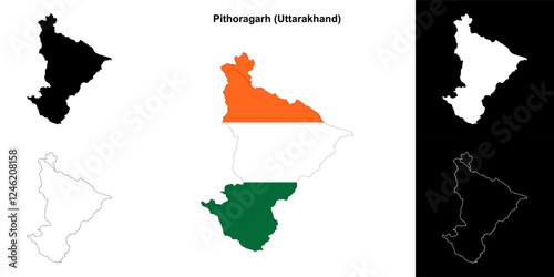 Pithoragarh district (Uttarakhand) blank outline map set photo