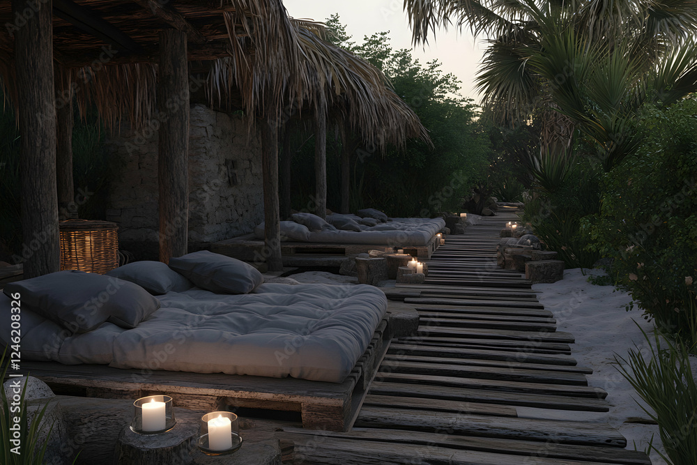 Serene twilight scene  Relaxing outdoor lounge area with pallet beds, candles, and a rustic wooden pathway winding through tropical foliage.
