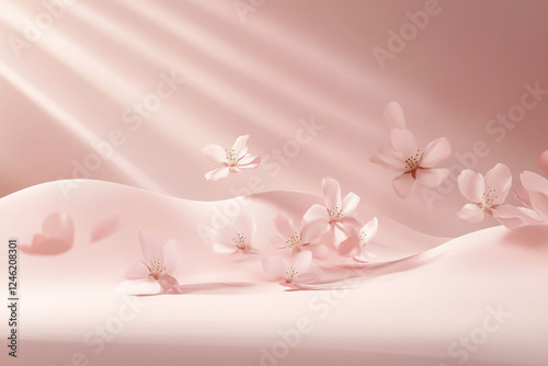 Delicate pink flowers scattered on soft, wavy surface create serene and minimalist atmosphere, evoking feelings of tranquility and beauty