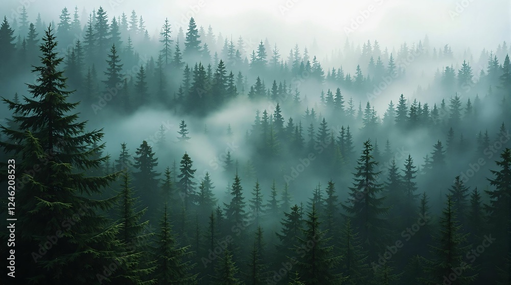 A breathtaking view of a dense forest shrouded in mist, with the trees standing tall and their dark green hues contrasting against the soft white of the fog. The atmosphere is serene yet mysterious, i