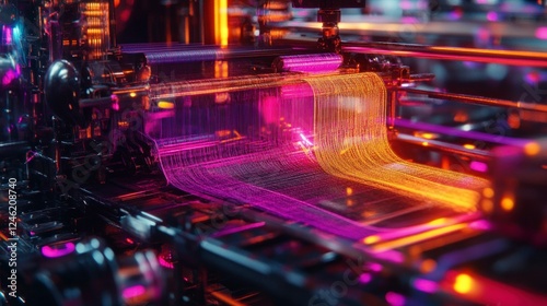 Abstract composition of weaving machine with glowing elements digital environment high-resolution imagery technological perspective