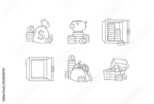 Money icons with gold coins stacks and piles in bag, wallet and chest. Cute collection with empty and full safe, golden dollar coins, purse and piggy bank, vector hand drawn illustration