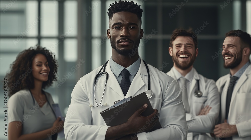 Fototapeta premium Portrait of beautiful mature woman doctor holding digital tablet and looking at camera. Confident female doctor using digital tablet with colleague talking in background at hospital. Latin nurse.