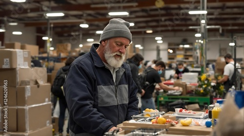 A man in a blue jacket and gray hat standing in a warehouse, surrounded by cardboard boxes and various items on a table. The background is slightly blurred, revealing a group of people, lights on the 