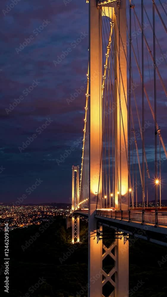 Wide Angle, capturing an iconic bridge spanning over lush hills during twilight hours with city lights beginning to twinkle in the distance, evoking excitement for urban adventures.