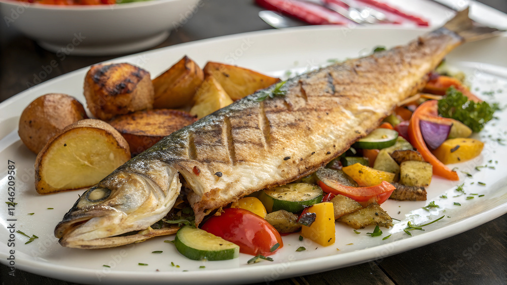 Grilled Fish with Potato and Vegetables. Grilled Fish with Potato and Vegetables.