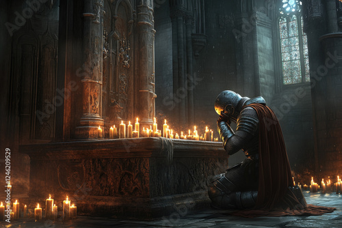 Knight in elaborate armor kneeling by an ornate altar surrounded by numerous candles in a dimly lit ancient cathedral adorned with intricate carvings and stained glass windows