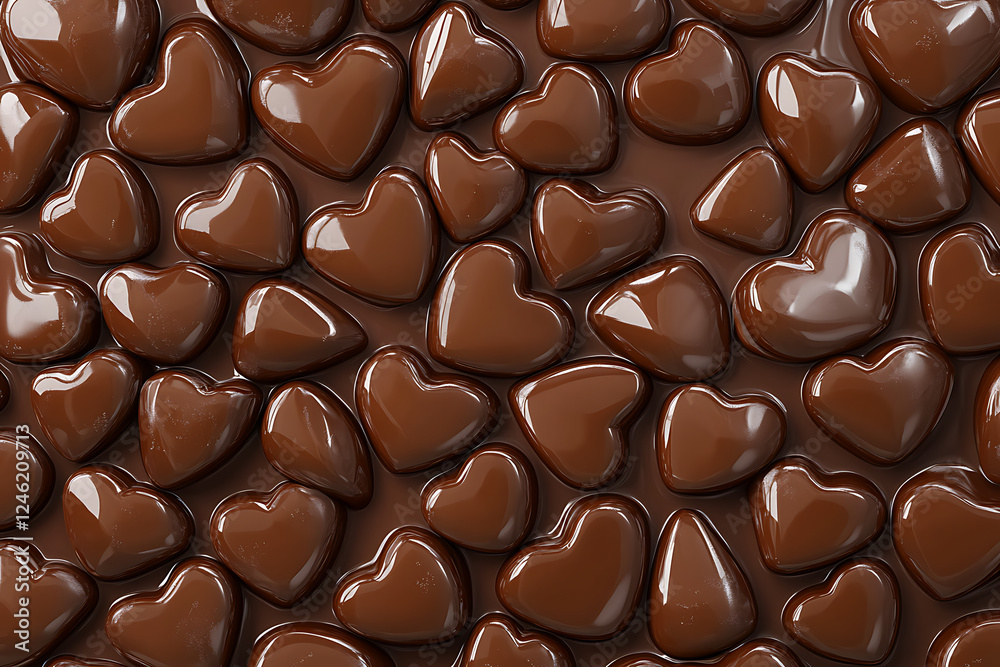 Fototapeta premium A close-up of shiny, heart-shaped chocolate pieces on a smooth chocolate surface.