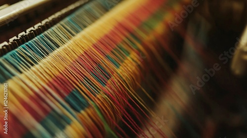 Closeup of weaving machine threads creating colorful patterns textile factory photography industrial environment macro view photo