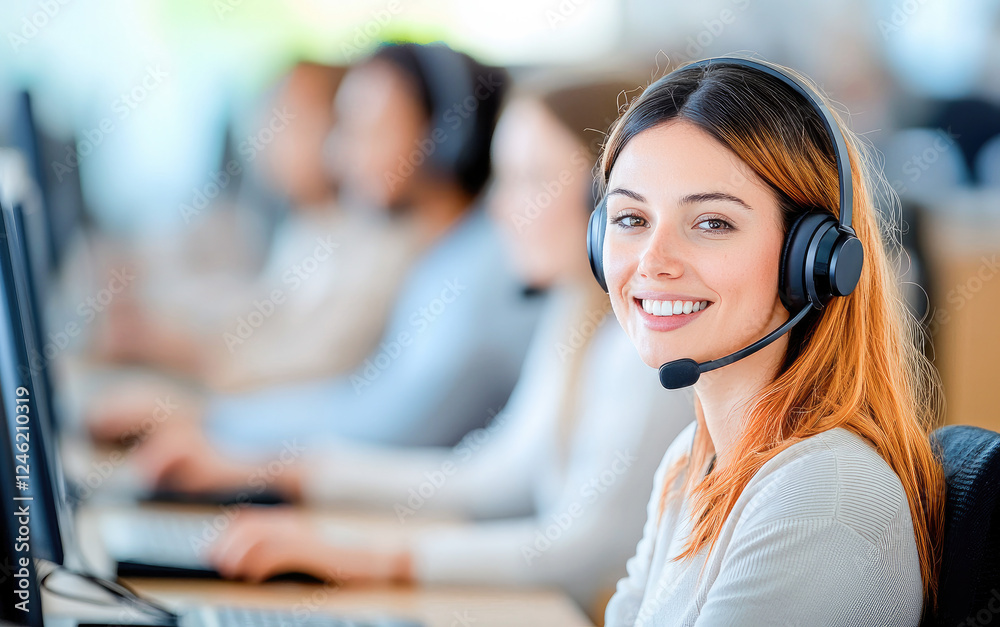 Friendly customer support representative wearing a headset in a call center, symbolizing communication, service, and professionalism. 