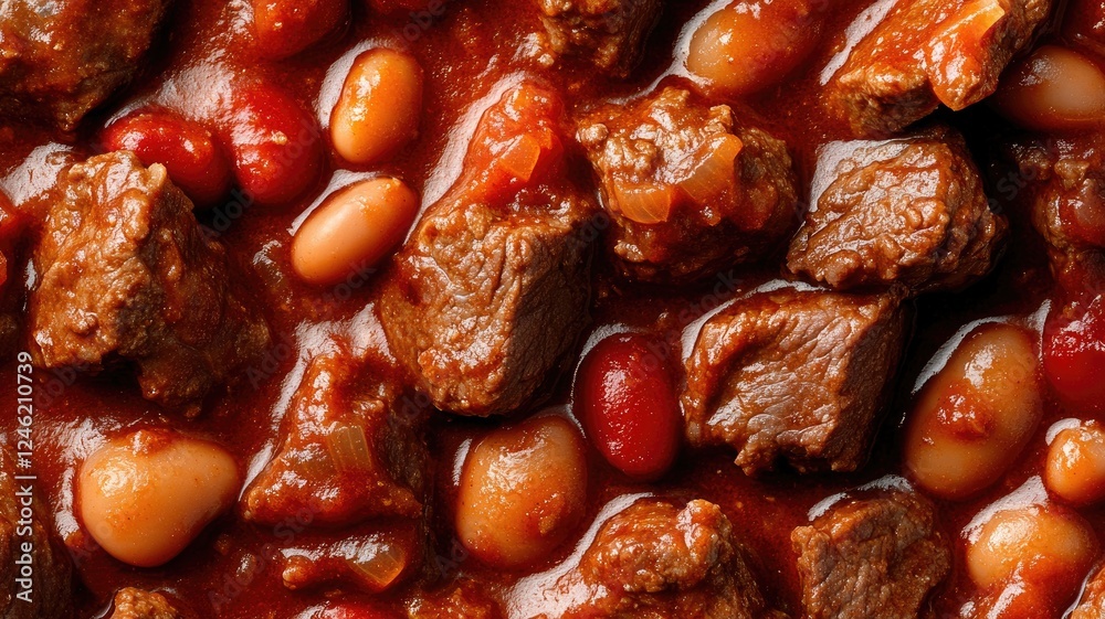 Close-up of hearty chili with beans and beef in sauce Close-up of hearty chili with beans and beef in sauce