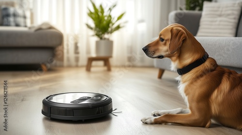 Curious golden retriever watches a robotic vacuum in a cozy, modern living room. photo