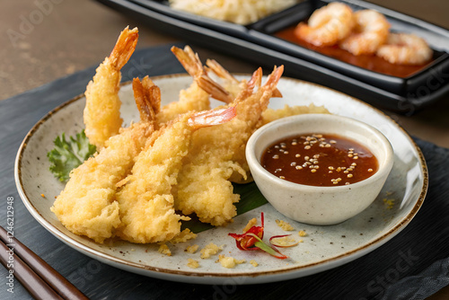 A delicious plate of crispy shrimp tempura served with a savory dipping sauce, garnished with herbs and accompanied by rice.