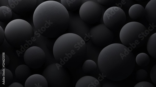 Black pearls fly in space. Matte sphere randomly scattered. 3d balls are falling - render illustration. Abstract trendy stylish wallpaper background. Advertising presentation banner with copy space