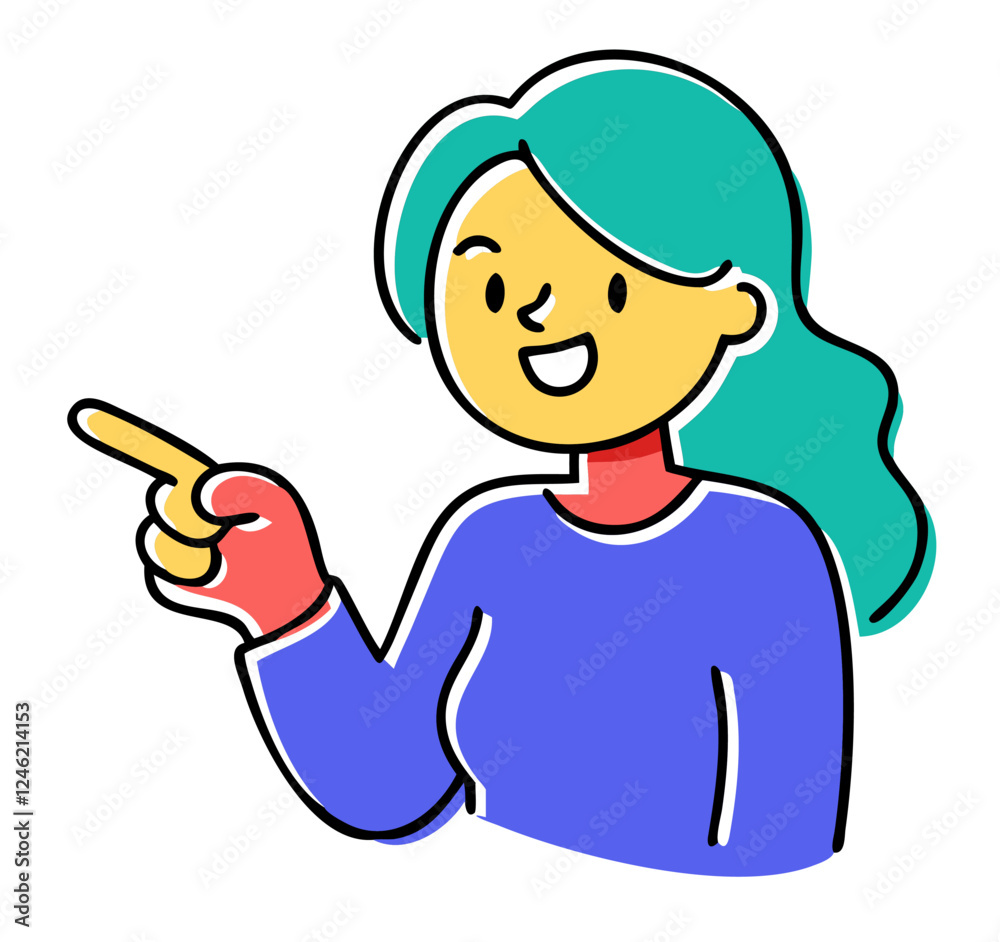 Smiling Woman Pointing Up – Minimalistic Flat Illustration Smiling Woman Pointing Up – Minimalistic Flat Illustration