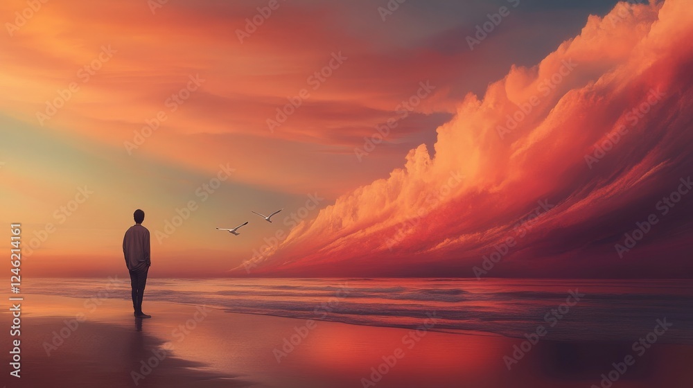 A serene beach scene at sunset, reflecting off the calm waves of the ocean. A lone figure stands silhouetted in the foreground, creating a peaceful and introspective mood.