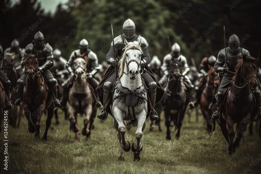 Knights in full armor advancing on horseback through an open field with determination. Mounted warriors holding lances and shields, conveying an intense sense of battle readiness Knights in full armor advancing on horseback through an open field with determination. Mounted warriors holding lances and shields, conveying an intense sense of battle readiness