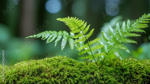Soft Focus Abstract Image of Green Ferns on Lush Moss with Nature Background in Vivid Shades of Green