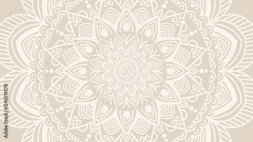 Round mandala on dreamy peach fuzz gradient background. Translucent mesh pattern in the form of a mandala. Mandala with floral patterns.Gradient background with round mandala.Vishal