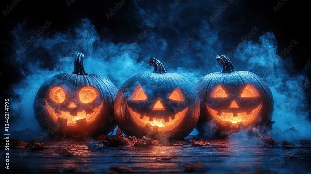Fototapeta premium halloween pumpkins on wooden background with fog and copyspace