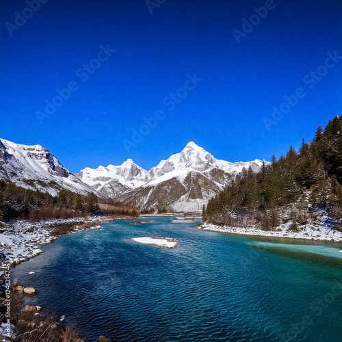 Snow mountain clear sky and blue river