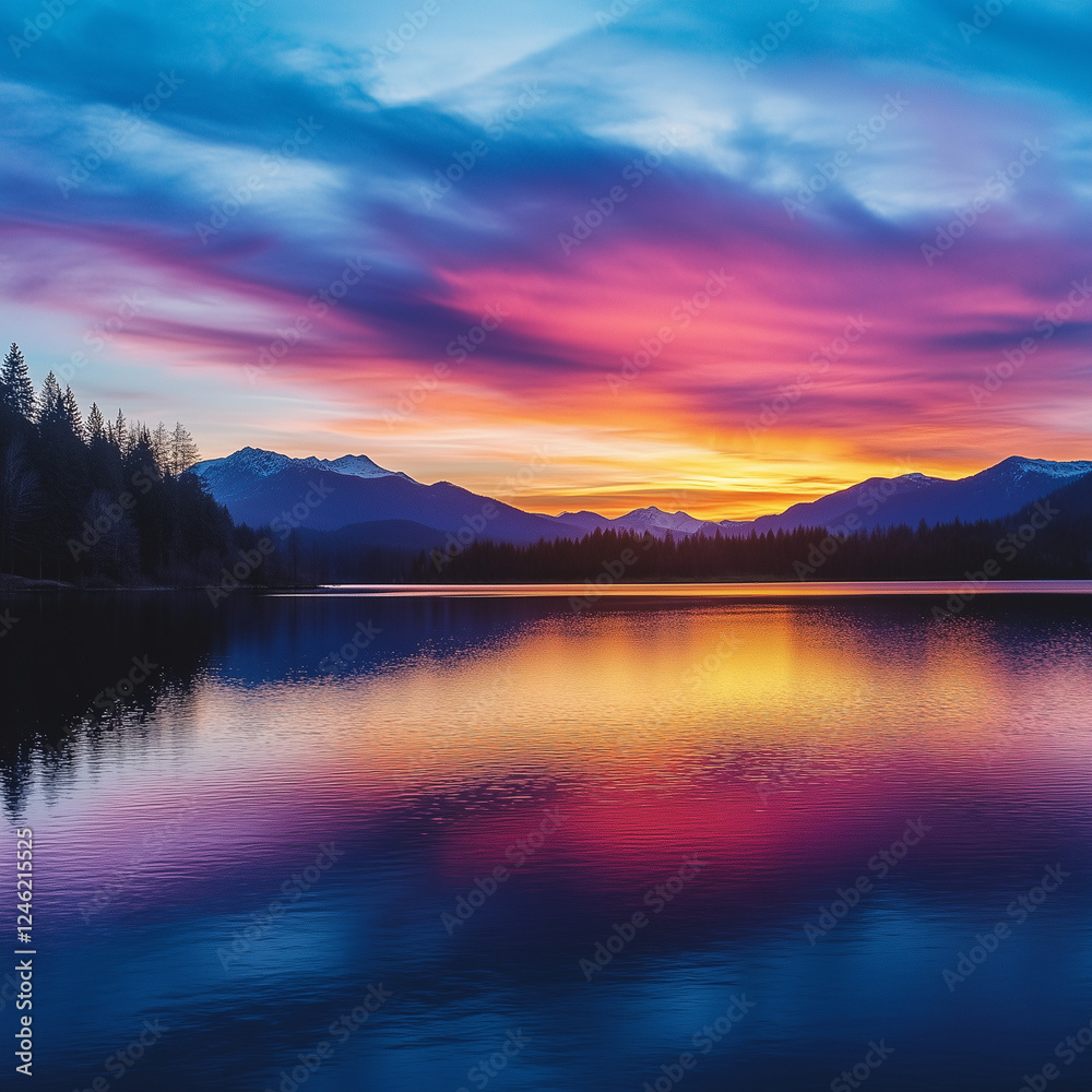 Fototapeta premium A colorful sunset over a calm lake with mountains and pine trees in the distance