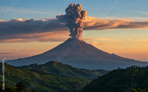 Active Volcano Eruption with Smoke and Ash in Scenic Landscape