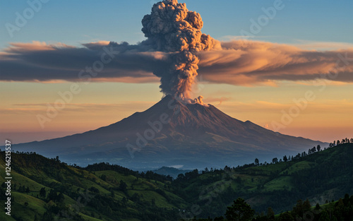 Active Volcano Eruption with Smoke and Ash in Scenic Landscape