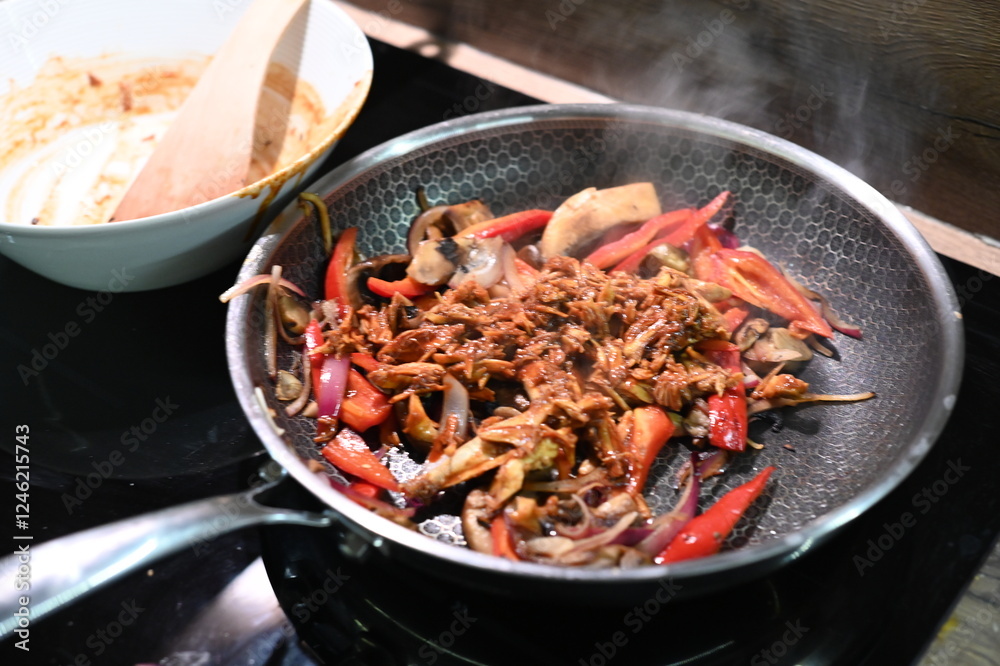 food view colorful food being prepared in a pan, home cooking, peppers, chicken, onions, food view colorful food being prepared in a pan, home cooking, peppers, chicken, onions,
