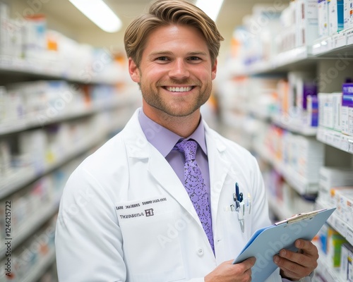 Wallpaper Mural Confident Pharmacist with Clipboard Smiles in Pharmacy Aisle, Healthcare Professional Torontodigital.ca