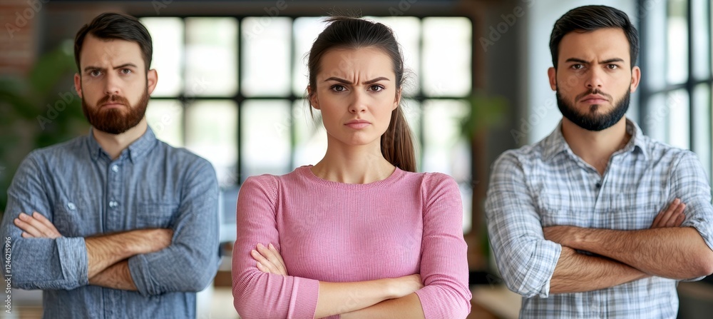 Fototapeta premium Uncomfortable Encounter Female Employee Between Two Male Colleagues in Office Setting