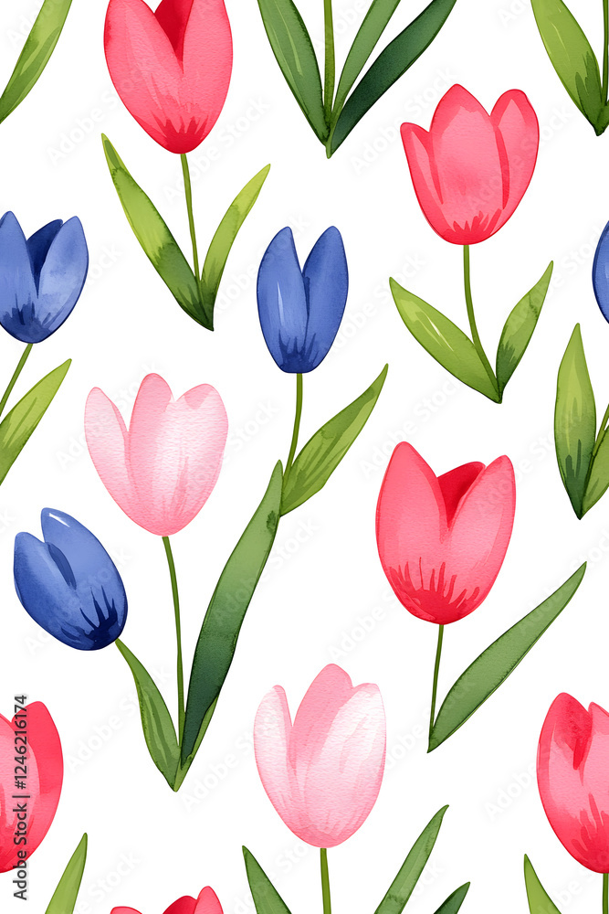 Obraz premium Watercolor seamless pattern of cute minimalistic tulips. Red and green colors isolated on white backdrop