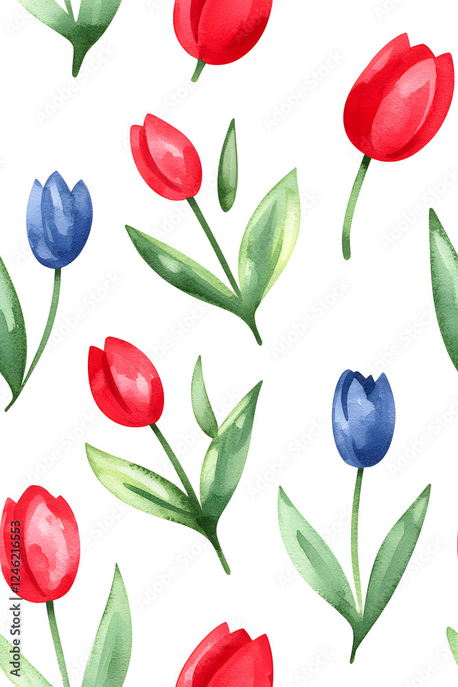 Obraz premium Watercolor seamless pattern of cute minimalistic tulips. Red and green colors isolated on white backdrop