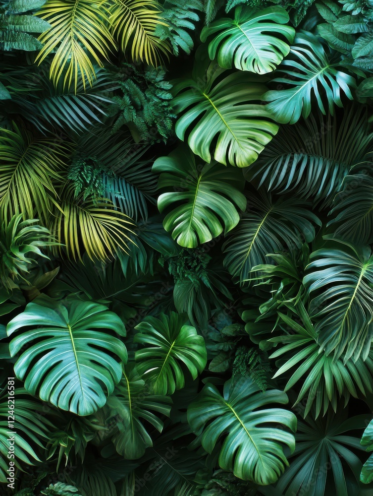 A lush tropical background made of green leaves.