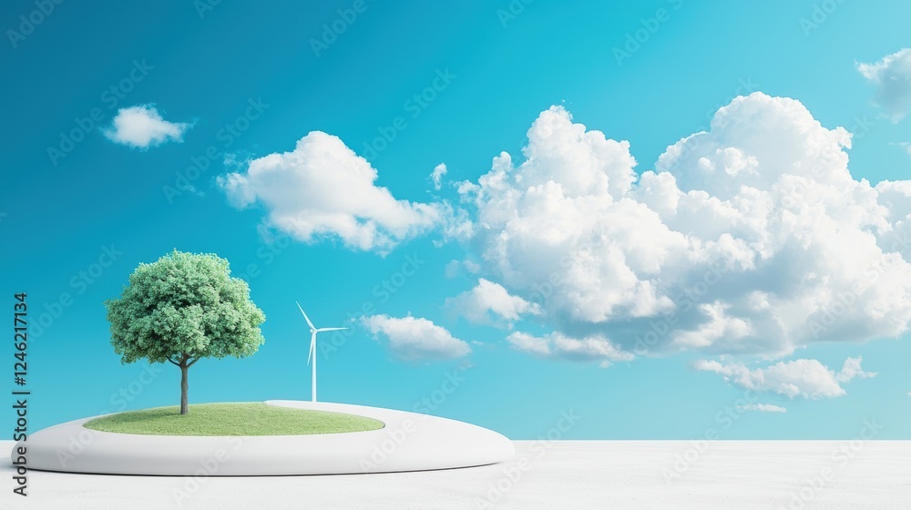 Fototapeta premium Graceful wind turbines standing tall against a bright blue sky, their blades spinning effortlessly and harnessing the power of wind energy.