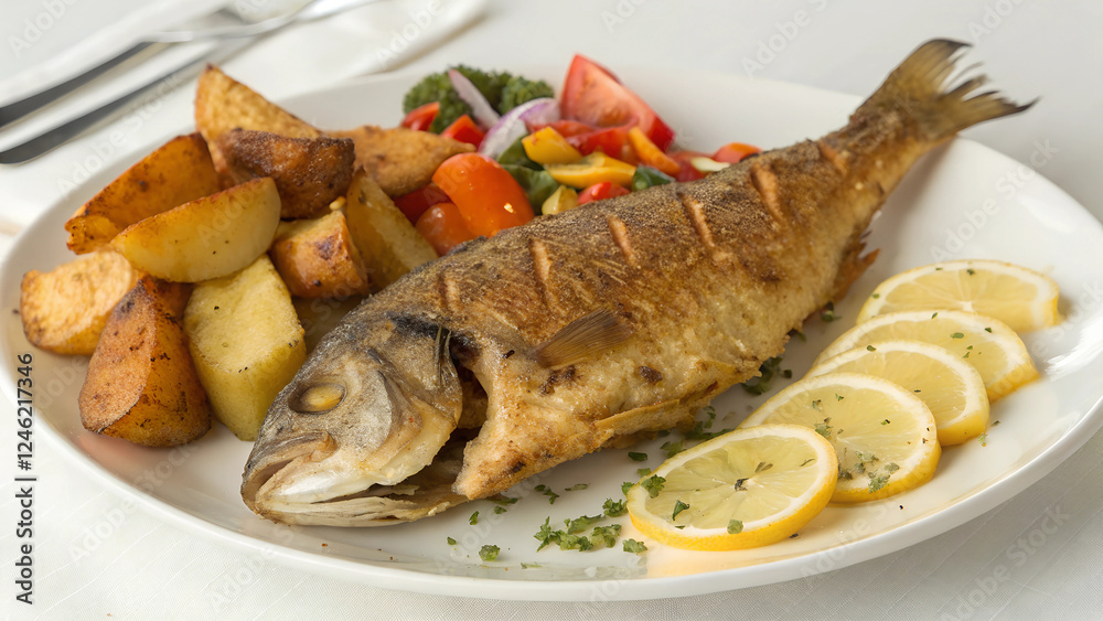Grilled Fish with Potato and Vegetables. Grilled Fish with Potato and Vegetables.