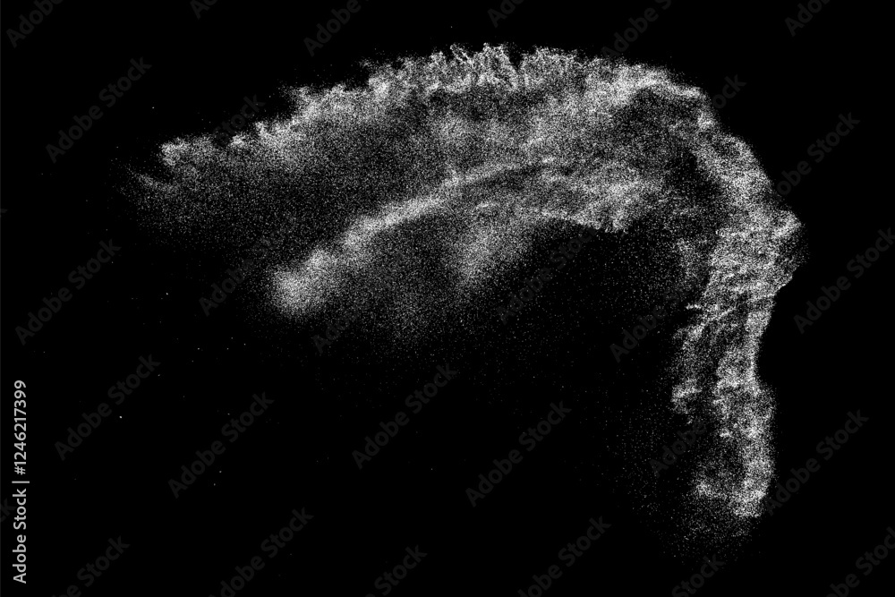Snow texture isolated on black background. Water splash effect. Dust pattern overlay. Spray freeze. White explosion. Vector illustration, EPS 10.