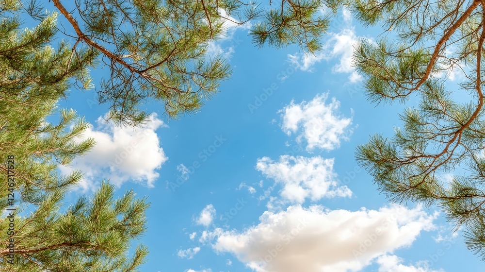 Minimalistic Arrangement of Pine Trees Framed by Bright Blue Sky with Fluffy Clouds in a Peaceful Landscape Minimalistic Arrangement of Pine Trees Framed by Bright Blue Sky with Fluffy Clouds in a Peaceful Landscape
