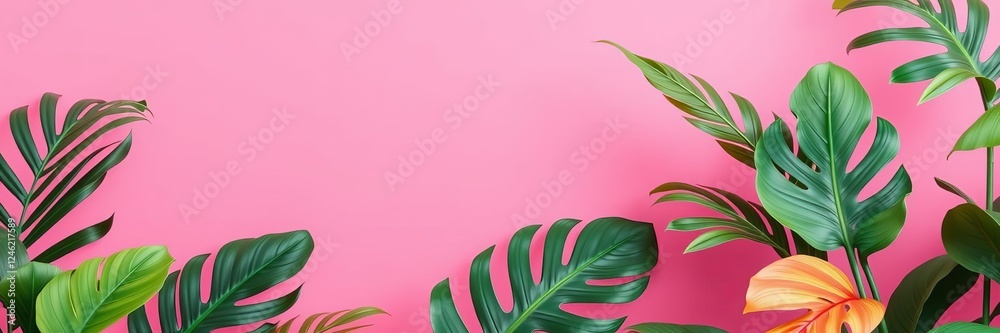 Obraz premium Exotic plants with pink backdrop and palm leaves layout mockup 3d render, minimal concept art, pink backdrop, painted palm leaves