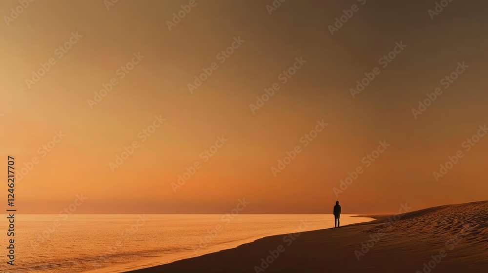 A serene beach scene at sunset, reflecting off the calm waves of the ocean. A lone figure stands silhouetted in the foreground, creating a peaceful and introspective mood.