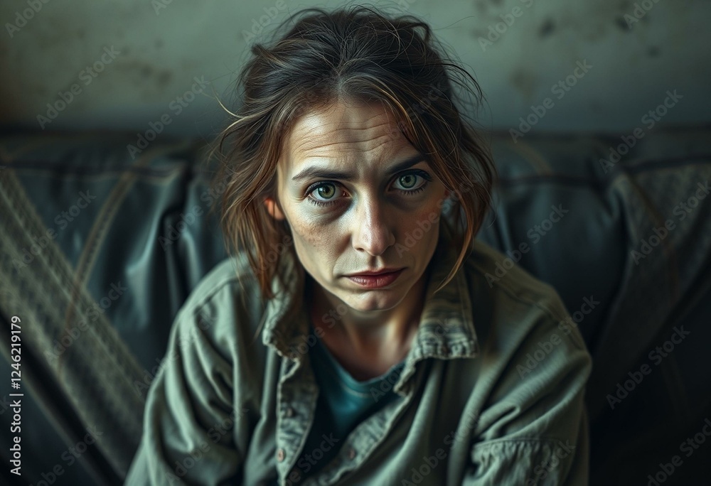 Somber female portrait with worn-out expression