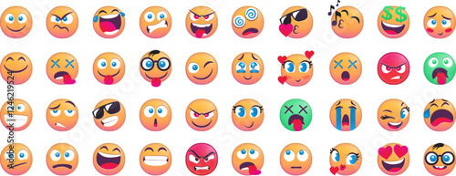 Collection of various emoji faces displaying different emotions and expressions.