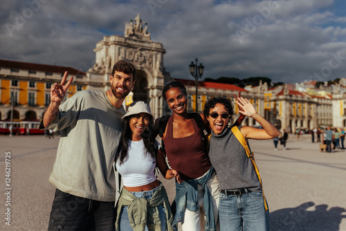 Tourists posing and smiling in commerce square, lisbon, portugal