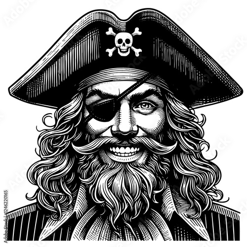 bearded pirate wearing a tricorn hat with an anchor emblem, an eye patch, and a confident, adventurous smile sketch engraving generative ai PNG illustration. Scratch board. Black and white image. photo