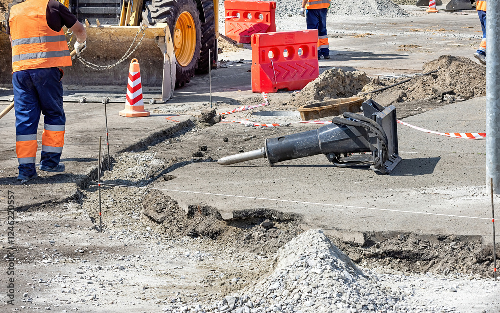 Construction workers actively repairing roads and using heavy machinery in urban area