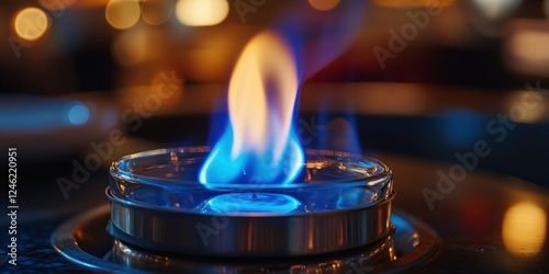 A mesmerizing close-up of a blue flame burning within a glass container, set against a softly blurred background of warm lights, creating a captivating scene.