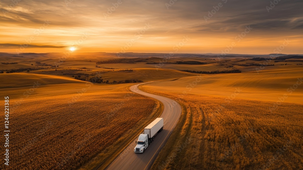 White truck driving on the asphalt road in rural landscape at sunset White truck driving on the asphalt road in rural landscape at sunset