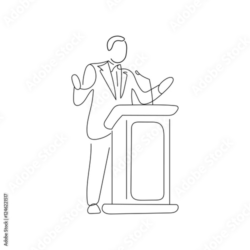One-line drawing of a businessman giving a speech at a podium.