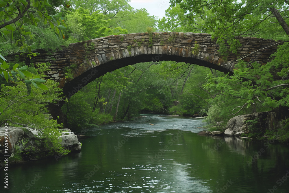 Stone bridge arching over a river, surrounded by lush greenery. Stone bridge arching over a river, surrounded by lush greenery.